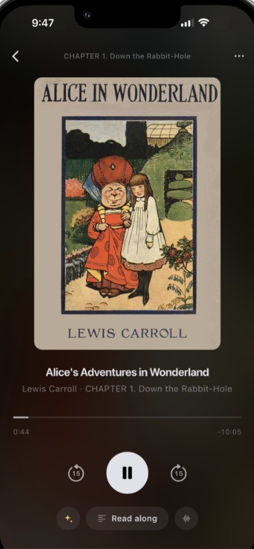 Aloud playing Alice's Adventures in Wonderland, chapter one, with read-along controls
