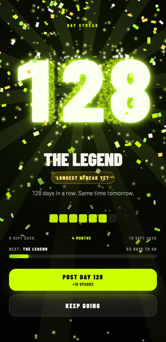 Forge celebrating a 128 day workout streak